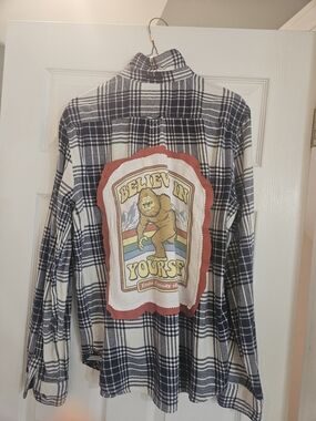Upcycled Flannel Plaid Button Down Shirt with 'Believe In Yourself'